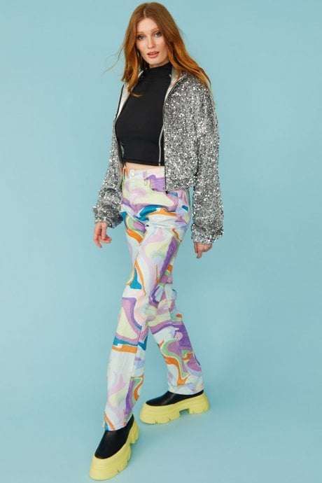 JAYLEY Silver Sequin Cropped Biker Jacket