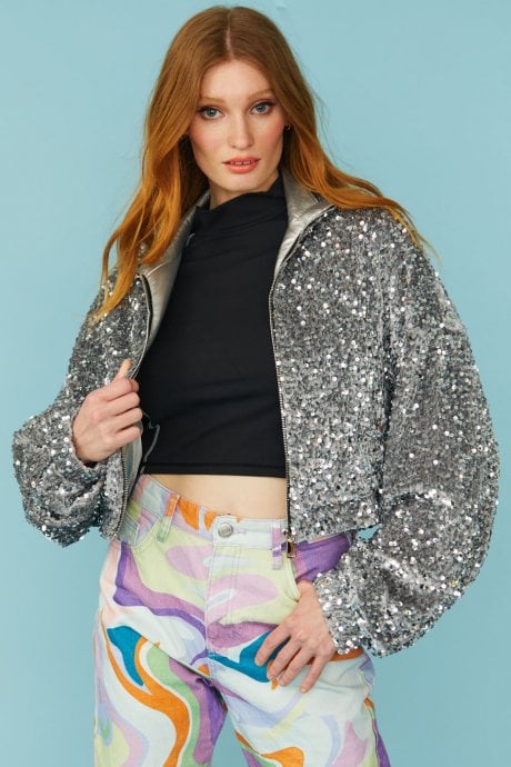 JAYLEY Silver Sequin Cropped Biker Jacket