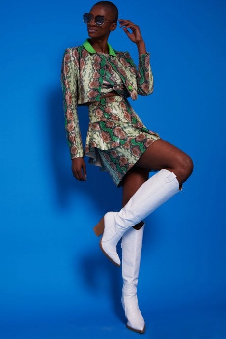 JAYLEY Snake Print Cropped Blazer With Contrast Collar