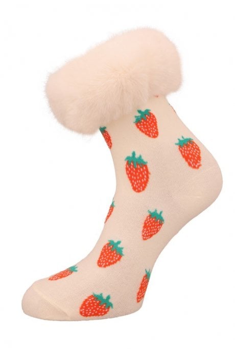 JAYLEY Strawberries and Cream Faux Fur Trim Socks