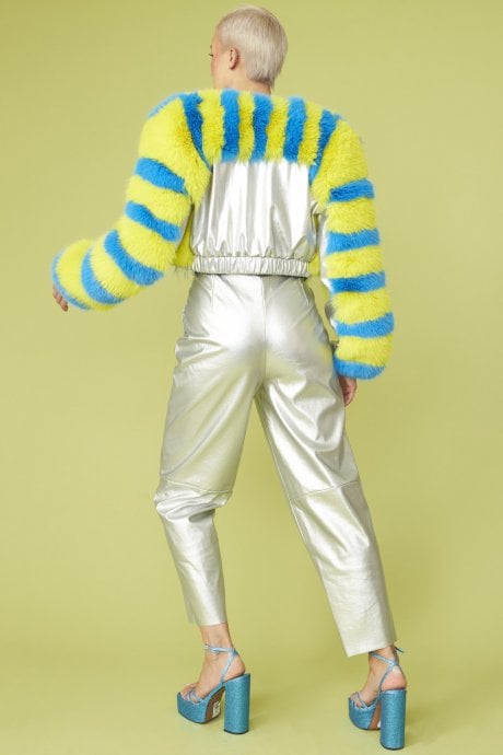 JAYLEY Striped Faux Fur Cropped Bomber Jacket