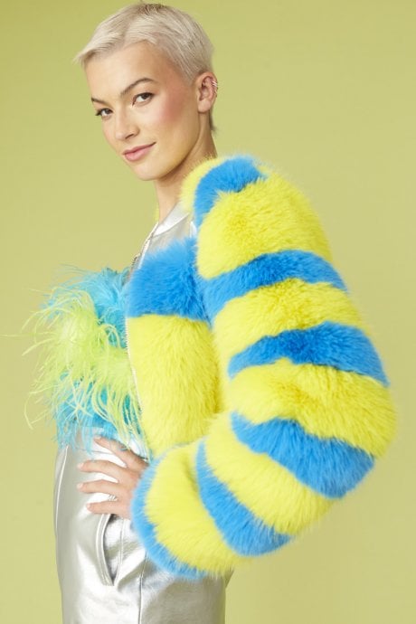 JAYLEY Striped Faux Fur Cropped Bomber Jacket