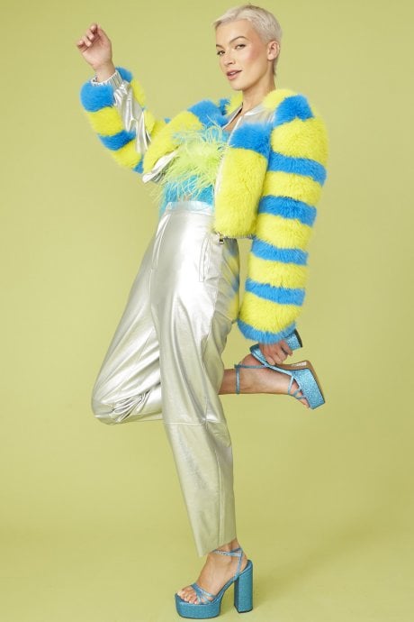 JAYLEY Striped Faux Fur Cropped Bomber Jacket