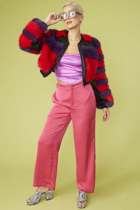 JAYLEY Striped Faux Fur Cropped Bomber Jacket