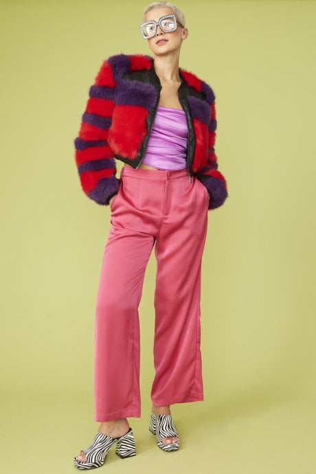 JAYLEY Striped Faux Fur Cropped Bomber Jacket