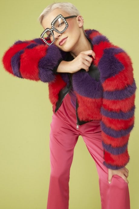 JAYLEY Striped Faux Fur Cropped Bomber Jacket