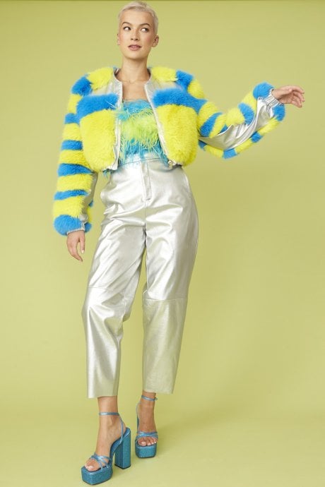 JAYLEY Striped Faux Fur Cropped Bomber Jacket