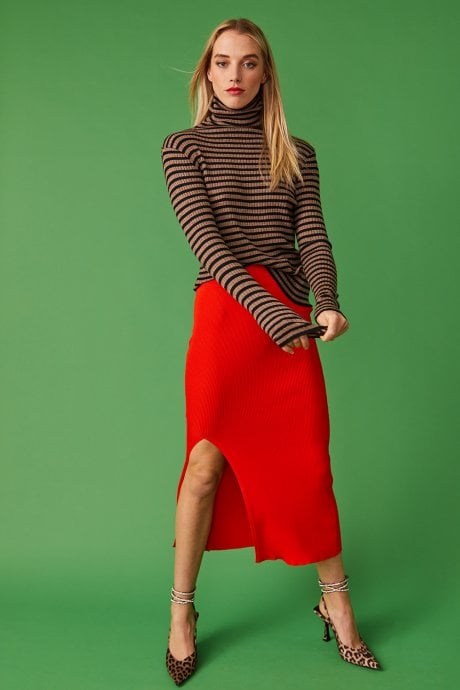 JAYLEY Striped Turtleneck Cashmere Top Brown