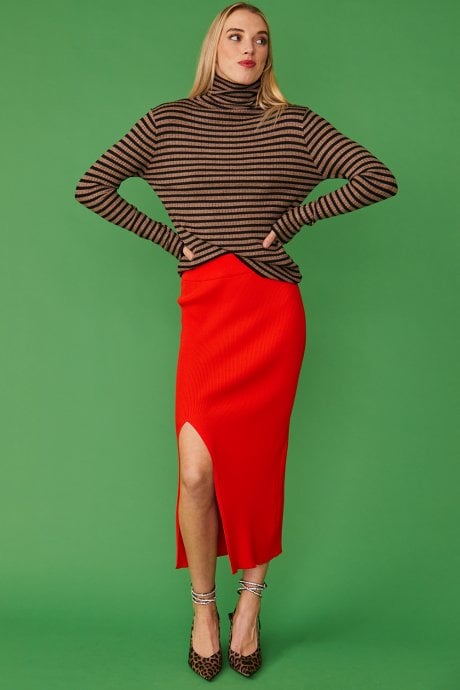 JAYLEY Striped Turtleneck Cashmere Top Brown