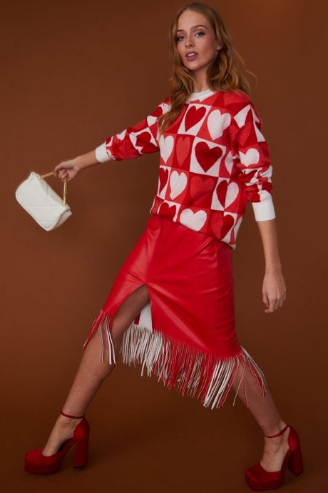 JAYLEY Tassel Midi Skirt With Front Split In Shimmer Red