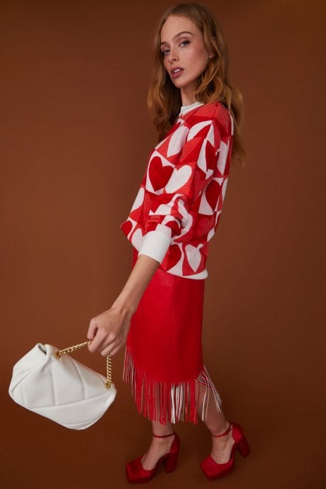 JAYLEY Tassel Midi Skirt With Front Split In Shimmer Red