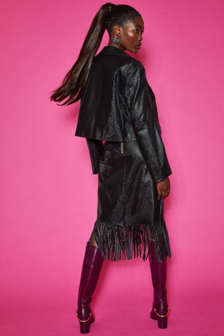 JAYLEY Tassel Midi Skirt With Front Split In Shimmer Black