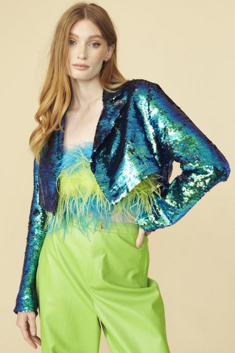 JAYLEY Teal Blue Cropped Sequin Blazer
