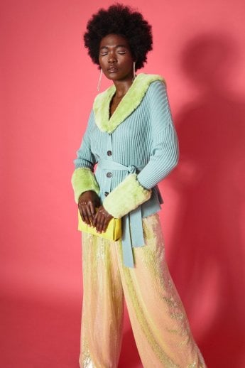 JAYLEY Teal Cashmere Cardigan With Detachable Faux Fur Collar & Cuffs