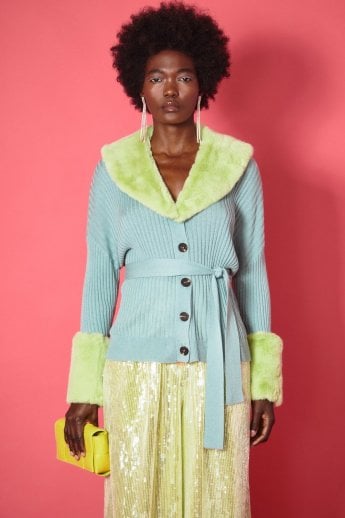 JAYLEY Teal Cashmere Cardigan With Detachable Faux Fur Collar & Cuffs