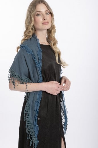 JAYLEY Teal Cotton Embroidery Triangle Scarf