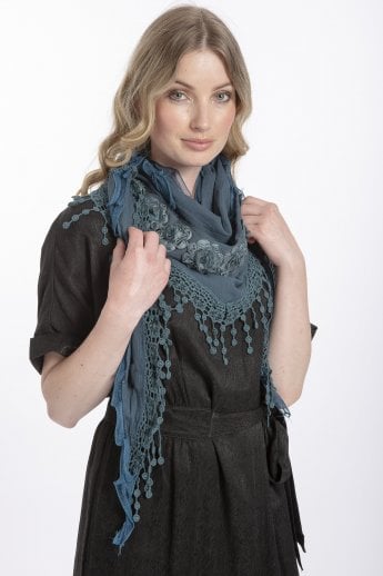 JAYLEY Teal Cotton Embroidery Triangle Scarf