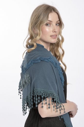 JAYLEY Teal Cotton Embroidery Triangle Scarf