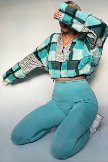 JAYLEY Teal Faux Shearling Check Jacket