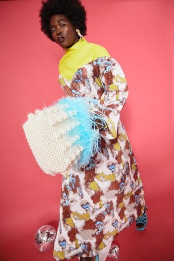 JAYLEY Teal Handmade Pearl Tote Bag with Feather Trim