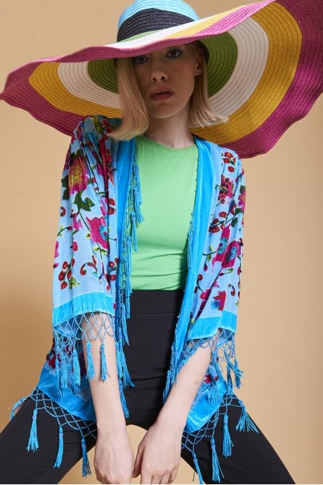 JAYLEY Teal Vintage Floral Silk Devore Jacket