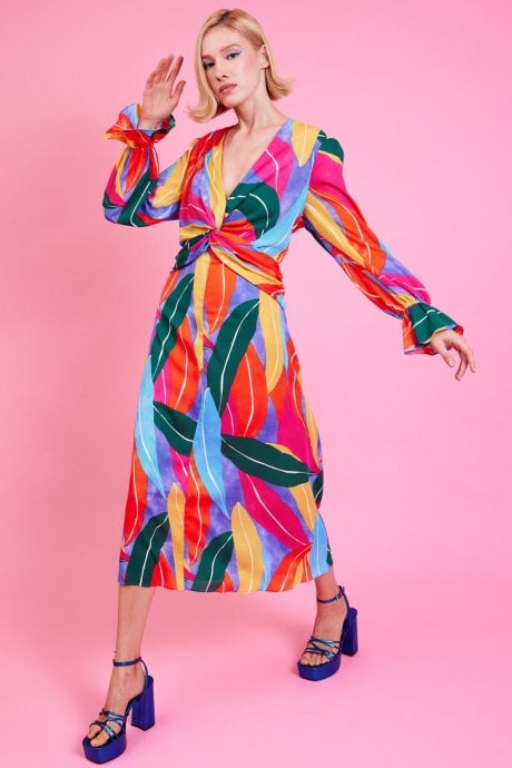 JAYLEY Tencel Blend Graphic Print Dress In Multi