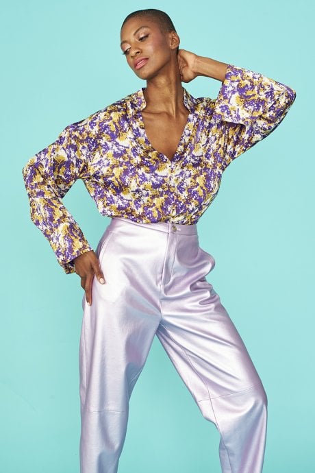 JAYLEY Tie Dye Silk Blend Blouse in Purple and Yellow
