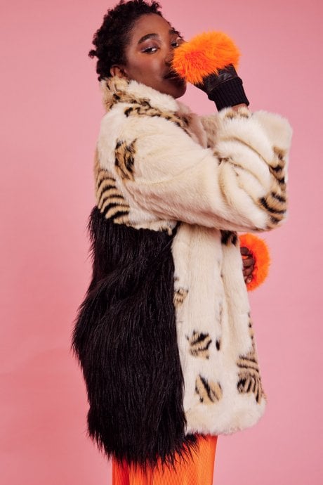 JAYLEY Tiger Faux Fur And Mongolian Cream Coat