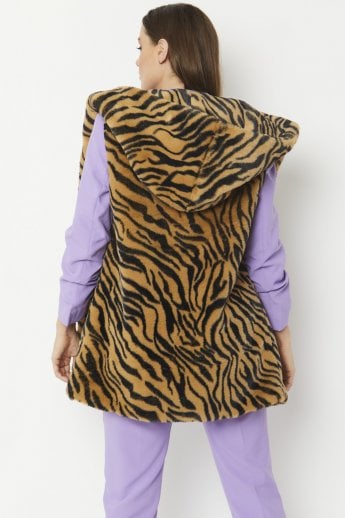 JAYLEY Tiger Print Faux Fur Hooded Gilet | Waistcoat