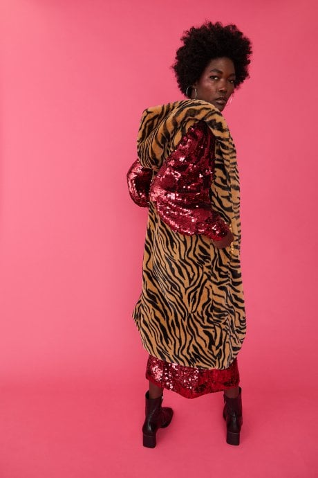 JAYLEY Tiger Print Faux Fur Hooded Tiger Print Maxi Gilet | Waistcoat