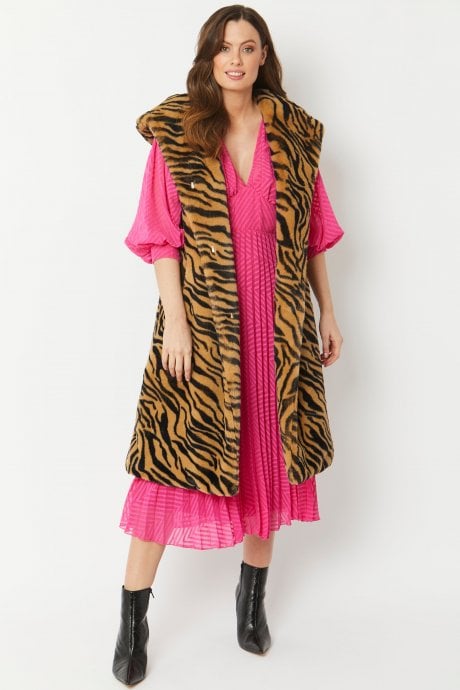 JAYLEY Tiger Print Faux Fur Hooded Tiger Print Maxi Gilet | Waistcoat