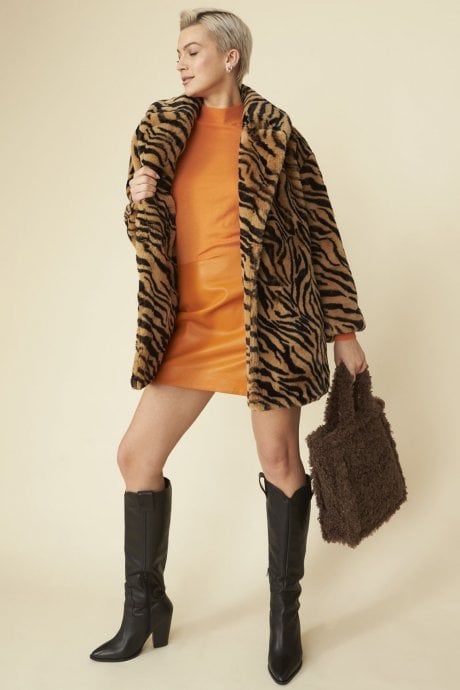 JAYLEY Tiger Print Faux Fur Midi Coat