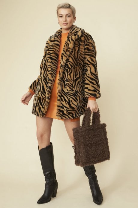 JAYLEY Tiger Print Faux Fur Midi Coat