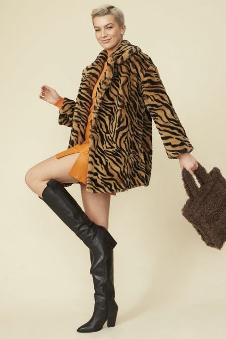 JAYLEY Tiger Print Faux Fur Midi Coat