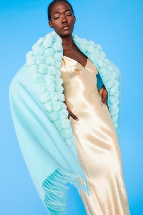 JAYLEY Turquoise Cashmere Blend Faux Fur Pom Pom Wrap