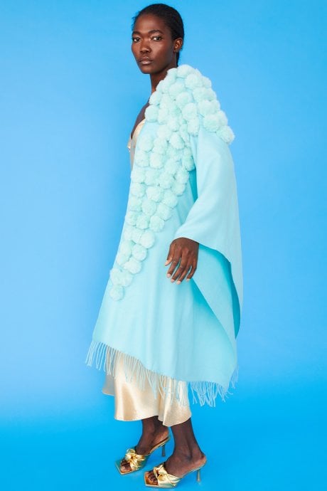 JAYLEY Turquoise Cashmere Blend Faux Fur Pom Pom Wrap
