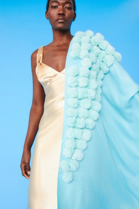 JAYLEY Turquoise Cashmere Blend Faux Fur Pom Pom Wrap