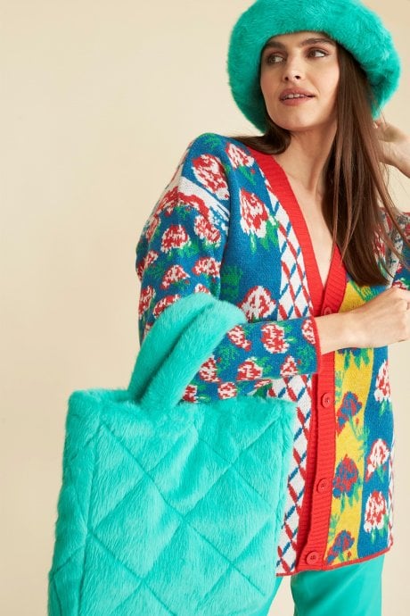 JAYLEY Turquoise Faux Fur Diamond Stitch Tote Bag