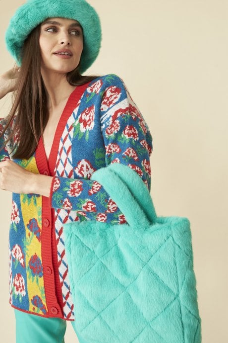 JAYLEY Turquoise Faux Fur Diamond Stitch Tote Bag