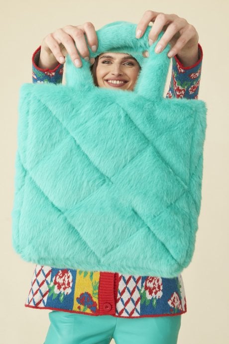 JAYLEY Turquoise Faux Fur Diamond Stitch Tote Bag