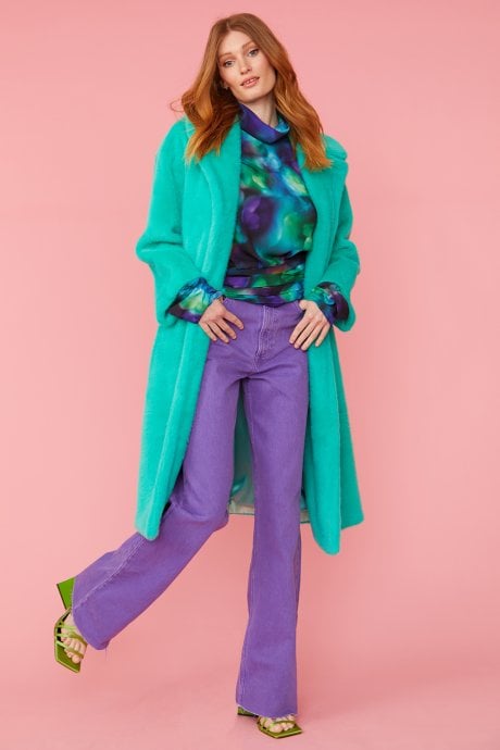 JAYLEY Turquoise Faux Fur Midi Coat