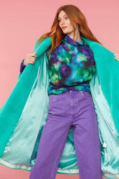 JAYLEY Turquoise Faux Fur Midi Coat