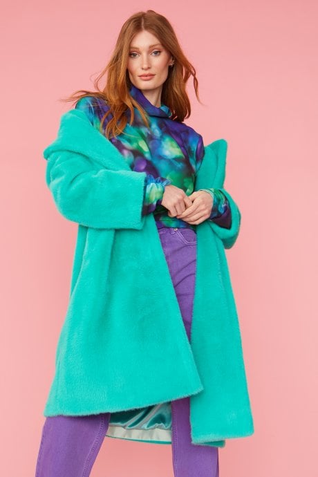 JAYLEY Turquoise Faux Fur Midi Coat