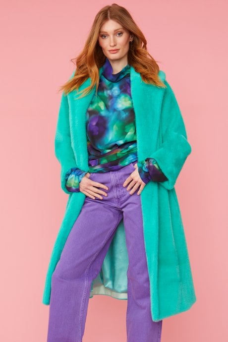 JAYLEY Turquoise Faux Fur Midi Coat