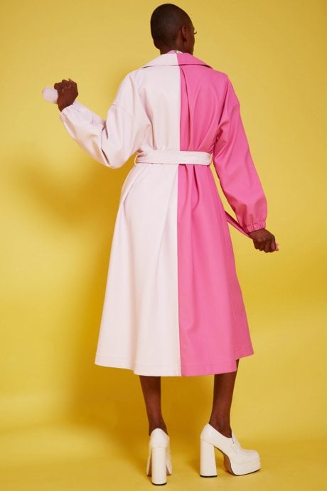 JAYLEY Two Tone Pink Eco Leather Trench Coat