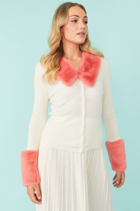 JAYLEY White Abigail Cashmere Cardigan With Pink Detachable Collar & Cuffs