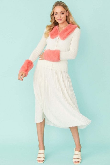 JAYLEY White Abigail Cashmere Cardigan With Pink Detachable Collar & Cuffs