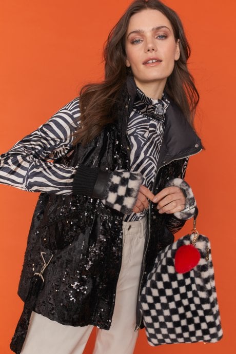 JAYLEY White and Black Checkered Luxury Faux Fur Bag