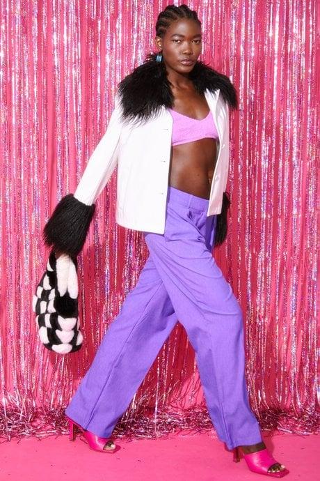JAYLEY White And Black Faux Leather Biker Jacket With Mongolian Fur Cuffs And Collar