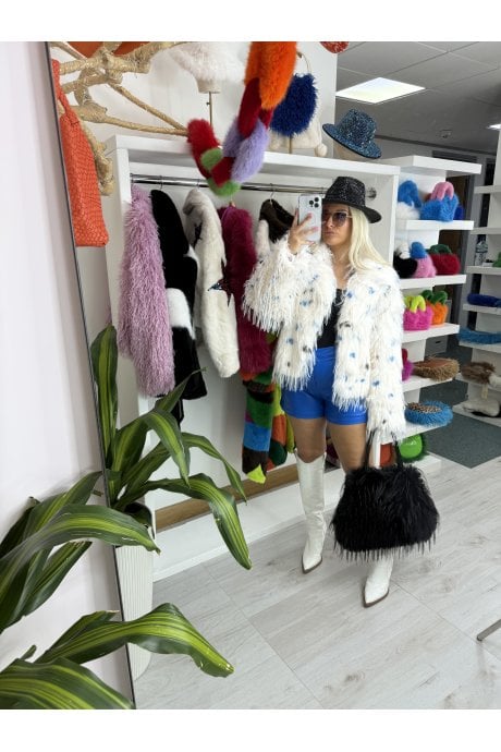 JAYLEY White and Blue Hand cut Mongolian Fur Knitted Jacket